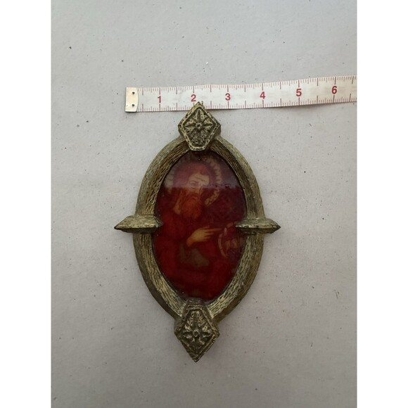 Vintage Jesus Christ Stained Glass Hanging Ornament In Golden Frame - Picture 11 of 11